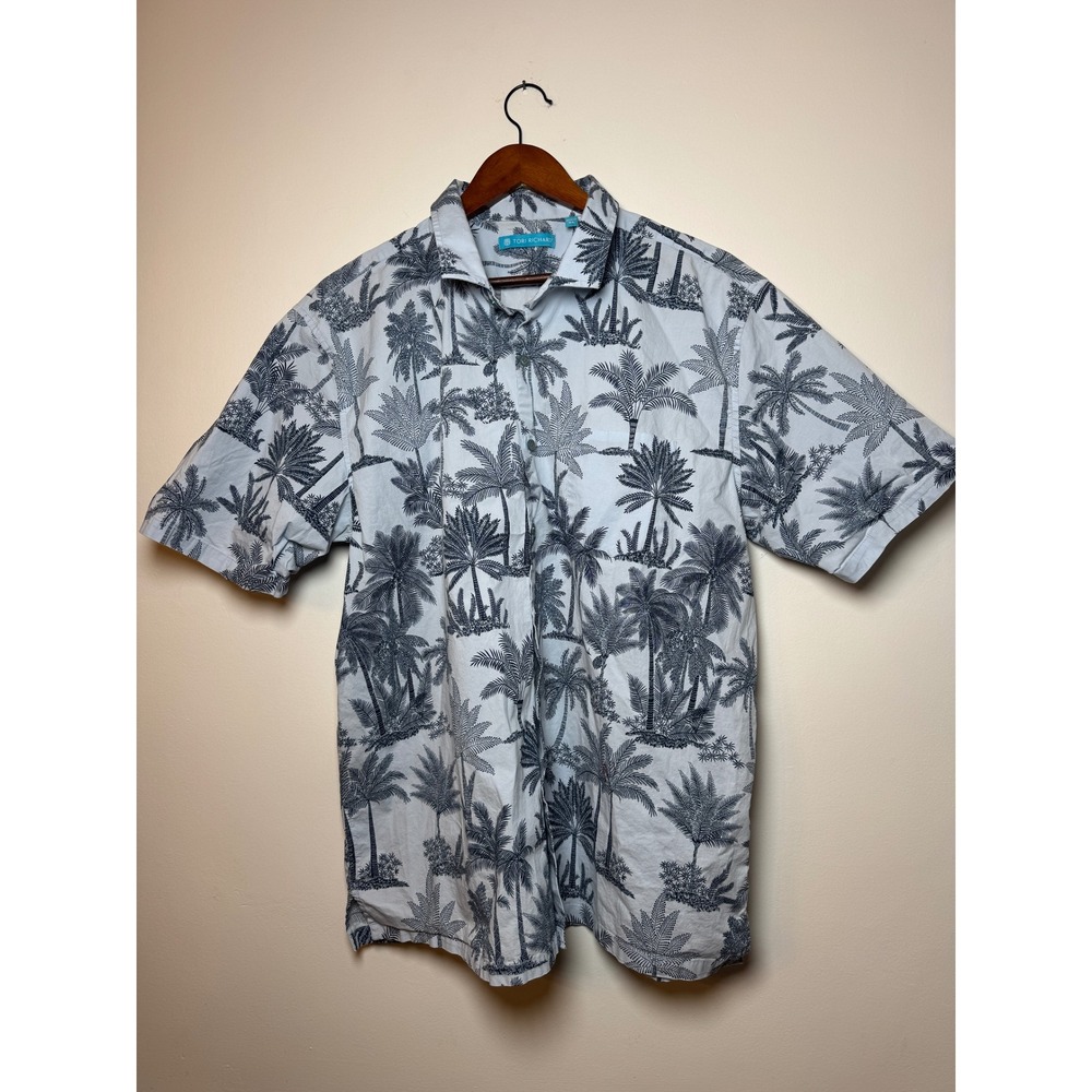 Tori Richard Mens XL Palm Tree Tropical Hawaiian Button Down Shirt Blue White